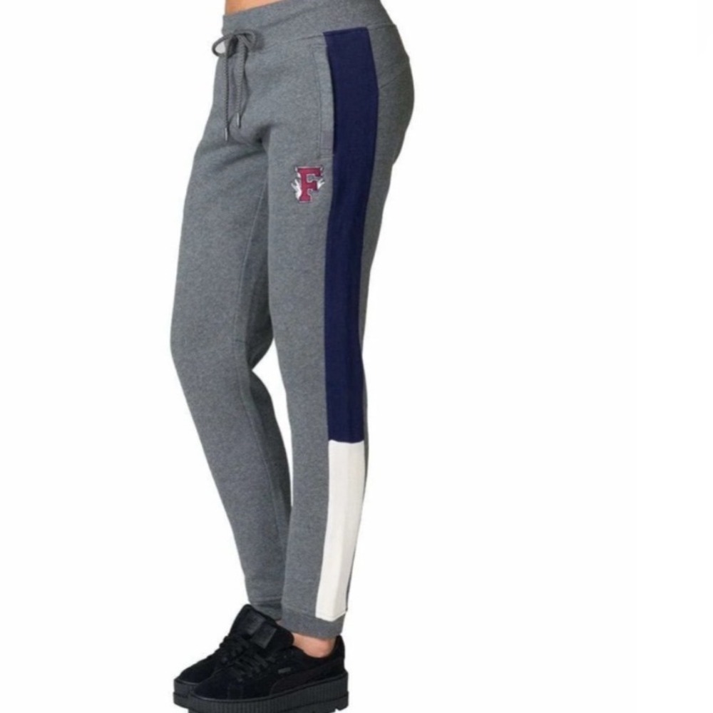 Puma Women's Gray Track Joggers with Navy and White Side Stripe